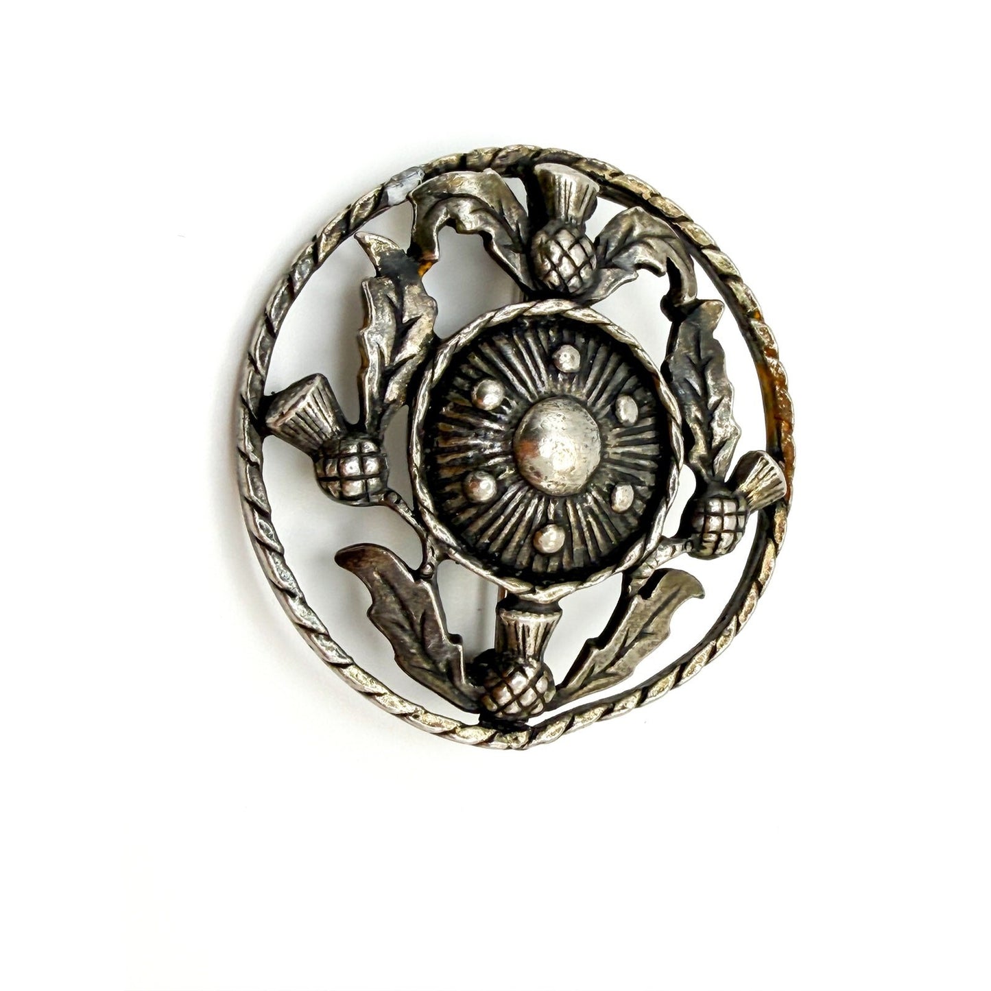 Vintage Scottish Thistle Brooch – Pewter Silver Tone Flower Round Brooch Pin