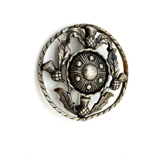 Vintage Scottish Thistle Brooch – Pewter Silver Tone Flower Round Brooch Pin