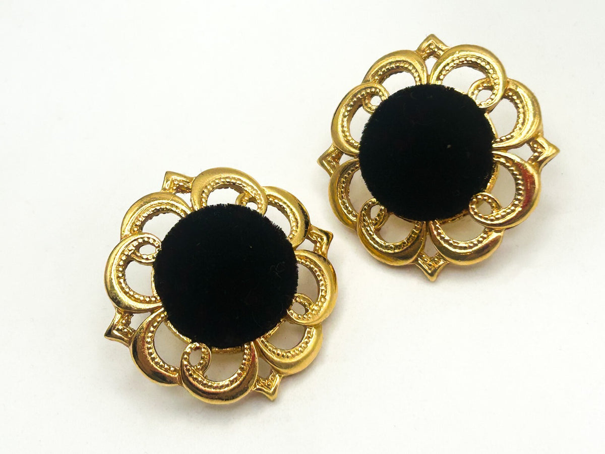 Black Velvet & Gold Tone Floral Stud Earrings – 3cm