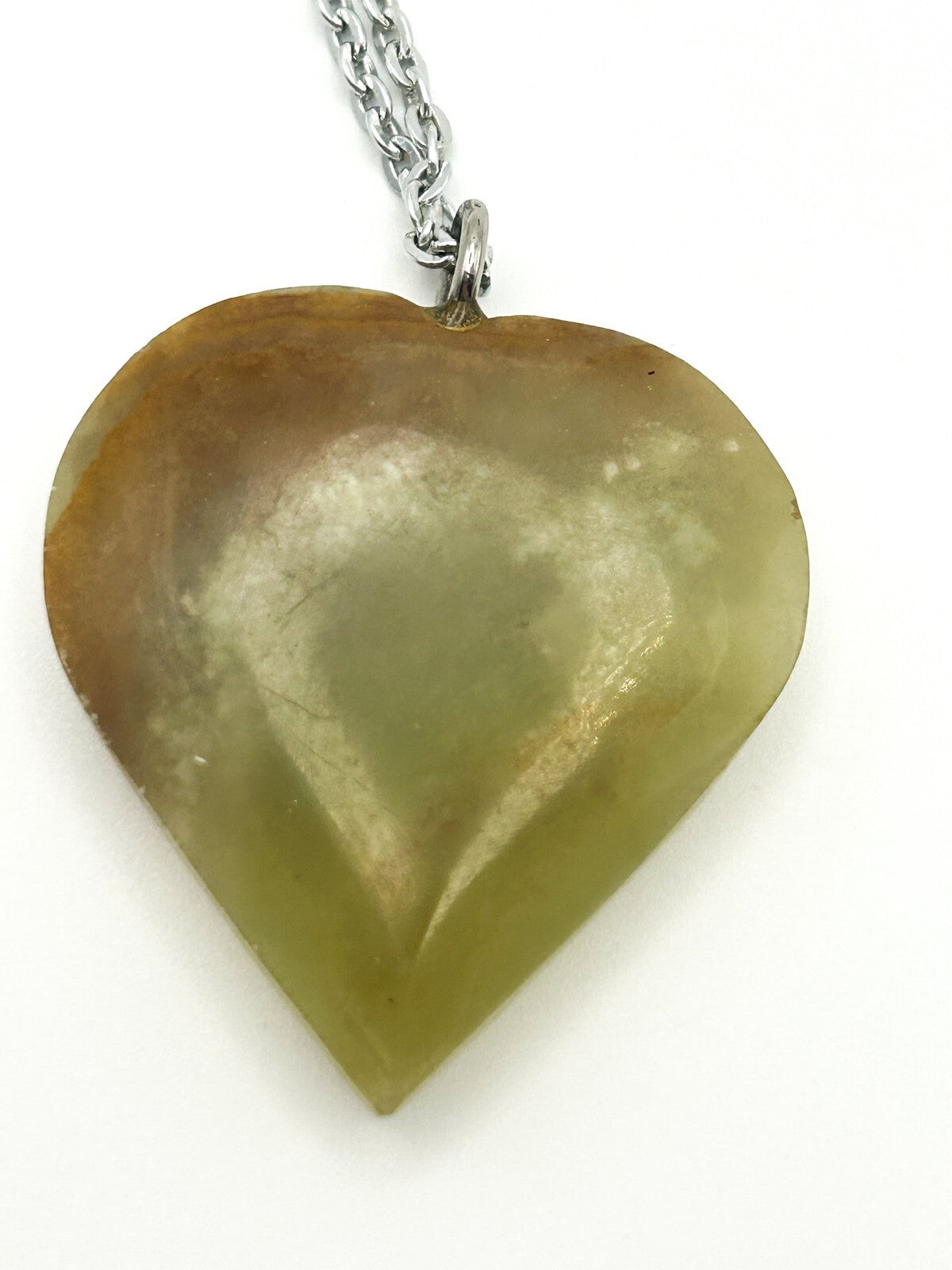 Green Onyx Gemstone Heart Long Pendant Necklace on Silver Tone Chain Boho