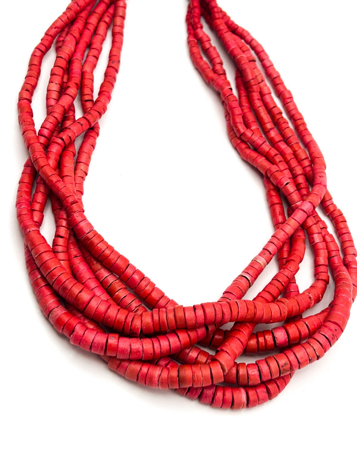 Red Dyed Organic Multi Strand Heishi Disc Beaded Necklace with Gold Tone Clasp