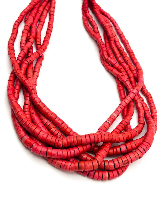 Red Dyed Organic Multi Strand Heishi Disc Beaded Necklace with Gold Tone Clasp