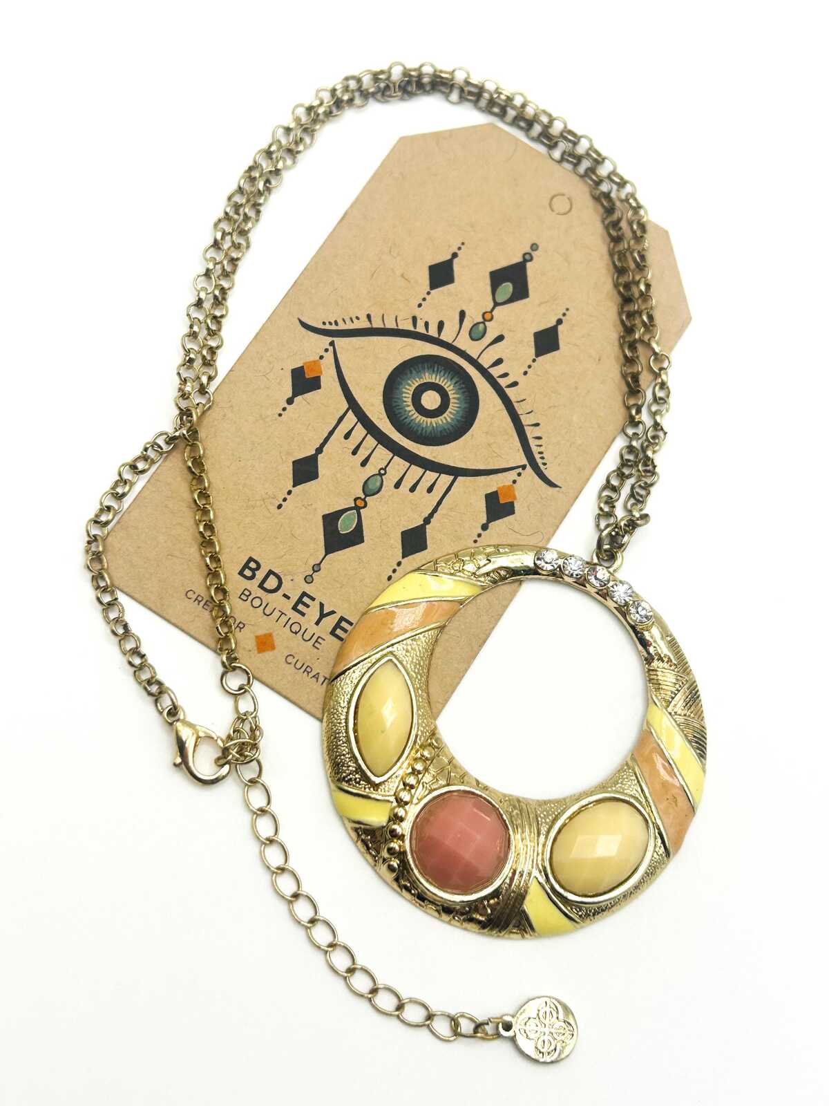 Vintage Gold Tone Hoop Pendant Necklace with Pink & Cream Cabochons – Statement