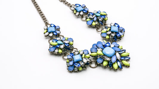 Art Deco Style Cascade Statement Necklace – Blue & Green Floral