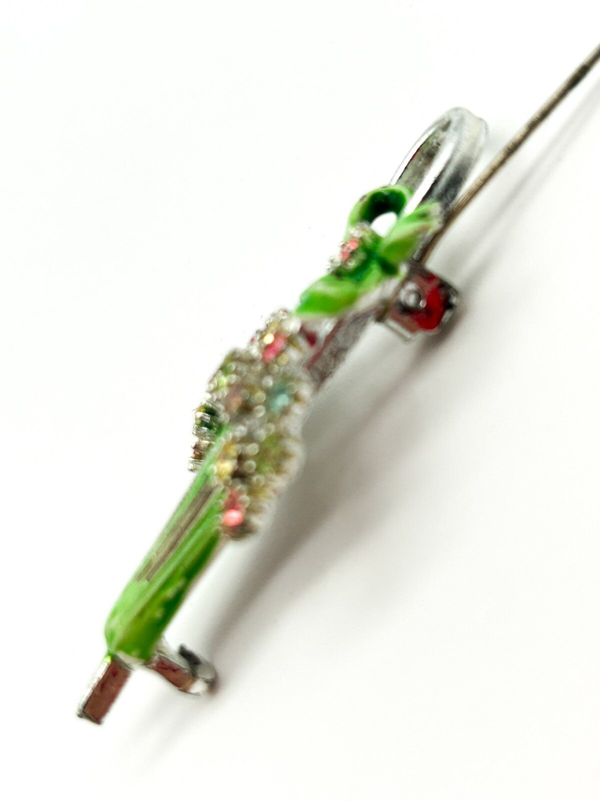 Vintage Green Enamel & Rhinestone Parasol Umbrella Brooch Multicolour Retro Bow