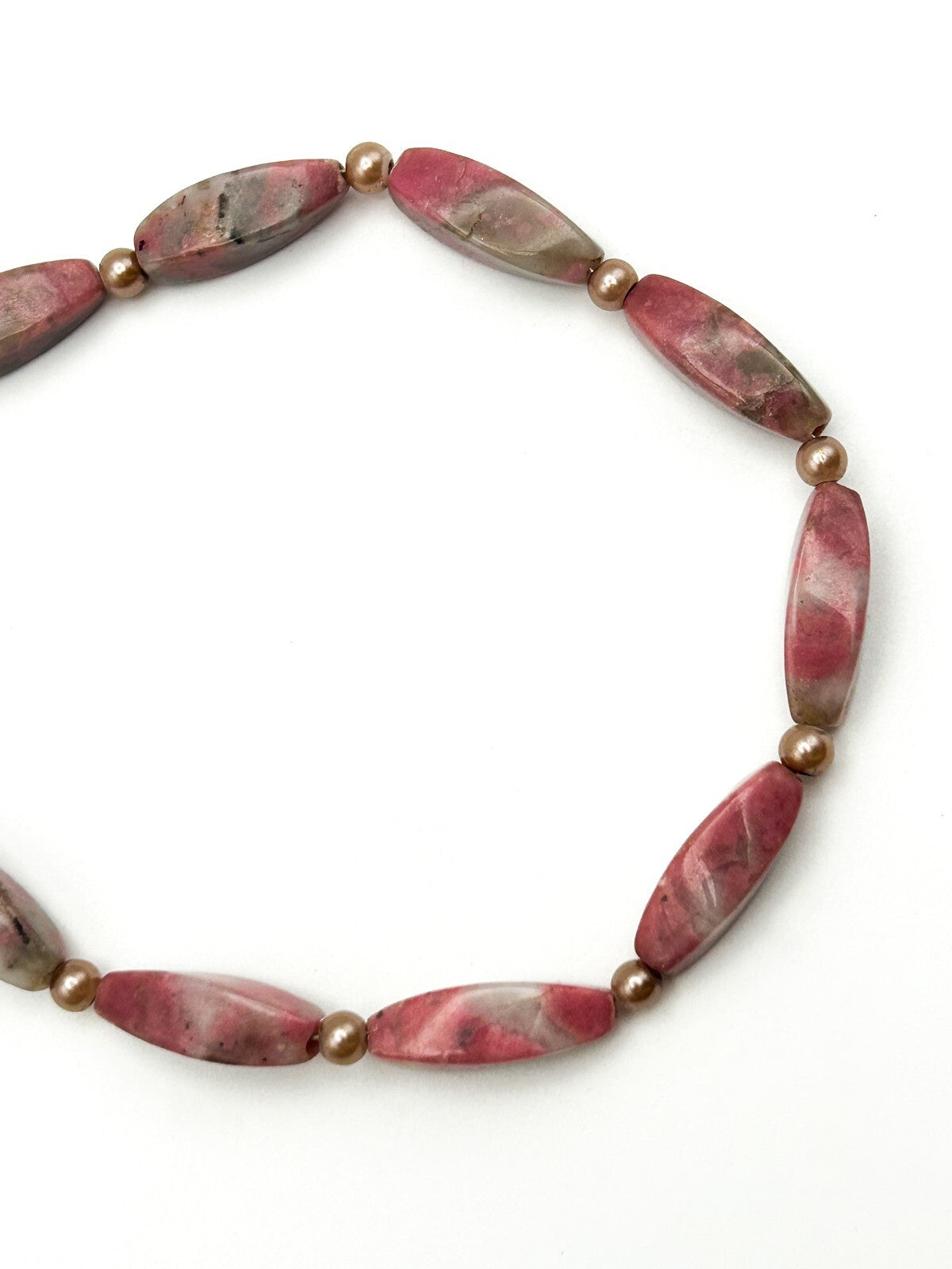 Rhodonite Gemstone Beaded Necklace Pink Oval Beads Faux Pearl Spacers 18”
