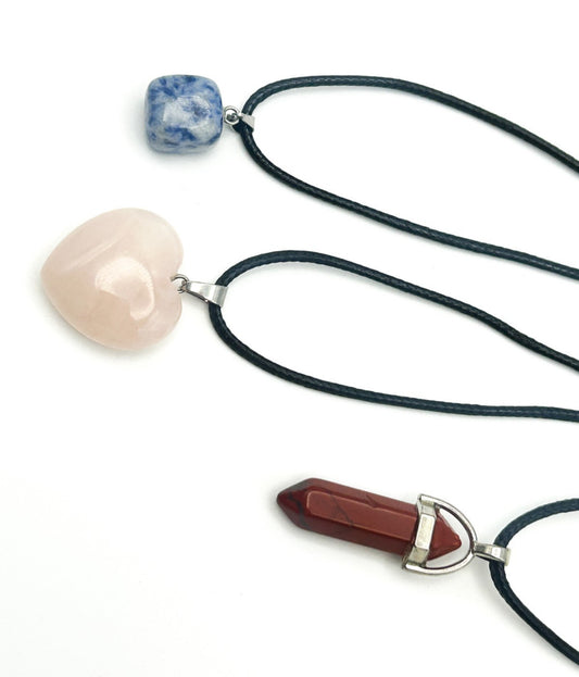 Gemstone Pendant Cord Necklace Bundle – Rose Quartz, Red Jasper Point, Sodalite