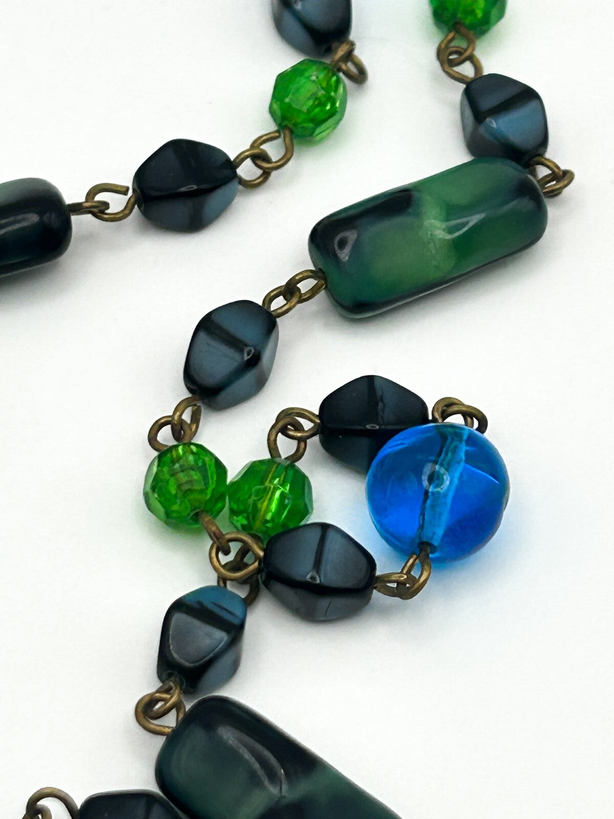 Vintage Blue and Green Glass and Acrylic Long Beaded Necklace