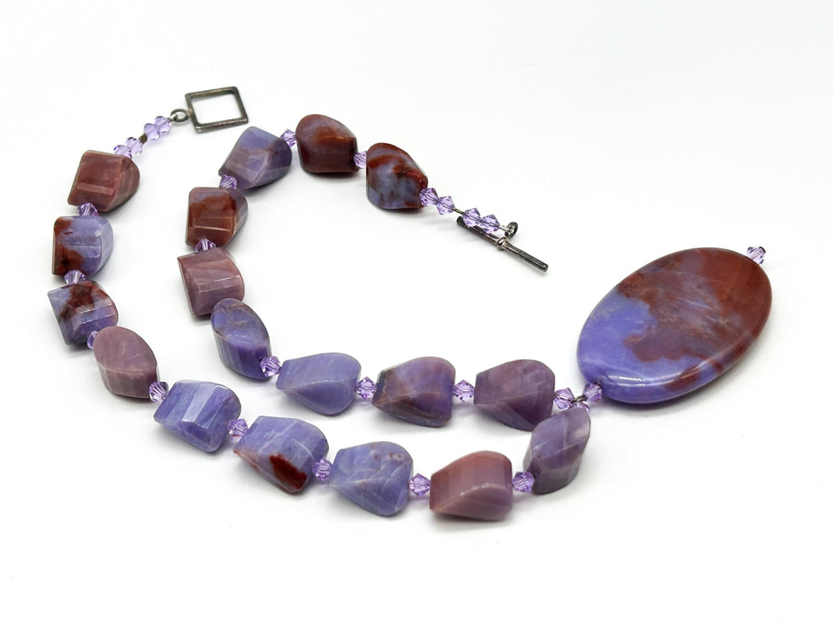 Banded Agate Pendant Necklace Violet Purple 925 Sterling Silver Toggle 18” Boho