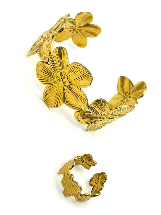 Gold Tone Flower Bangle Bracelet and Ring Set Adjustable Floral Statement Jewell