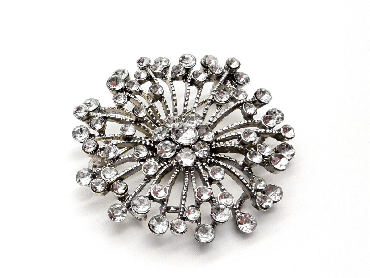 Vintage Rhinestone Starburst Pendant Brooch Silver Tone Crystal Spray Pin 5cm