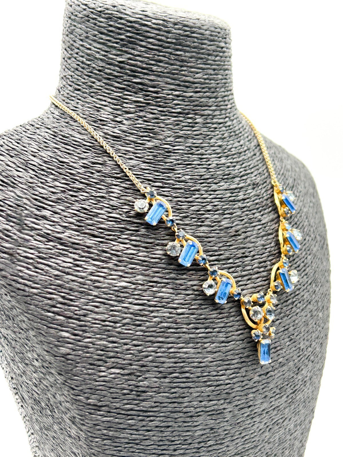 Vintage Blue Rhinestone Necklace Gold Tone Baguette Crystal Statement 1930s-50s