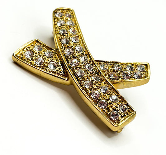 Vintage Gold Tone Rhinestone X Brooch Pavé Crossed Ribbon Statement Pin Retro