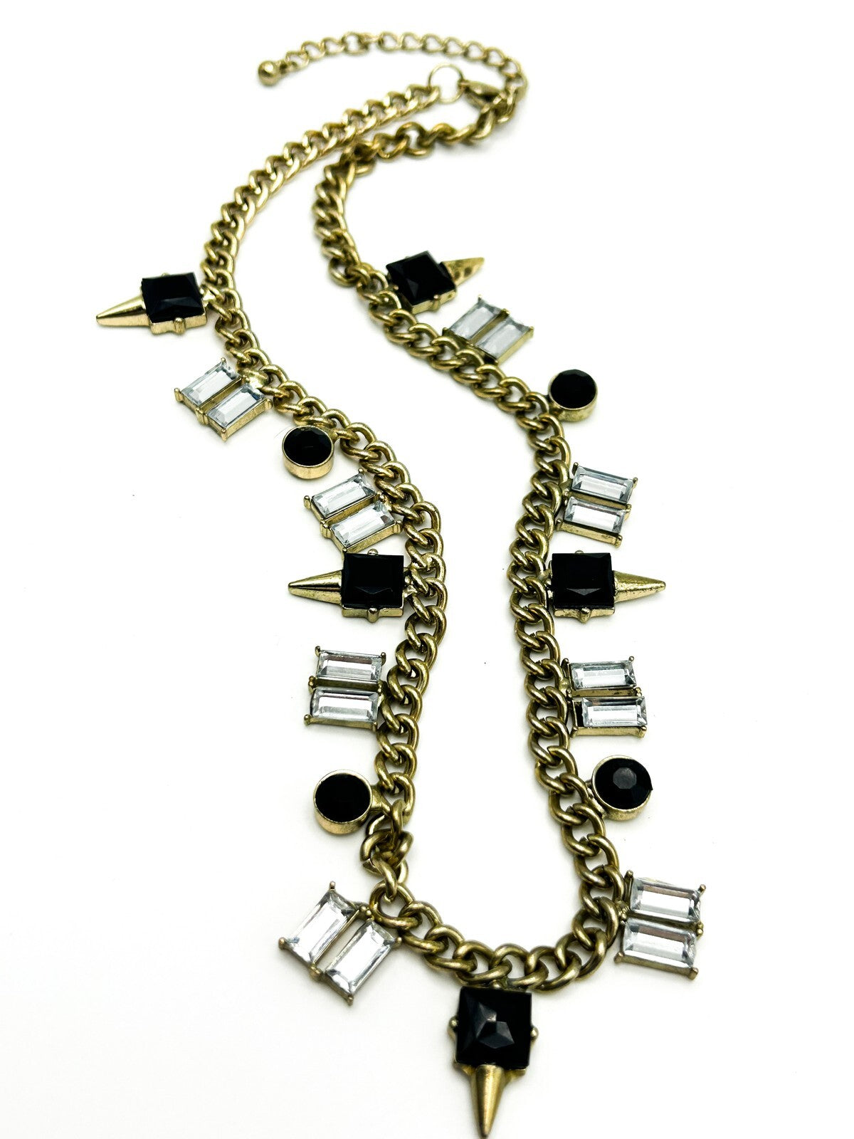 Gold Tone Curb Chain Necklace Black Clear Rhinestone Drop Charms Geometric 19”