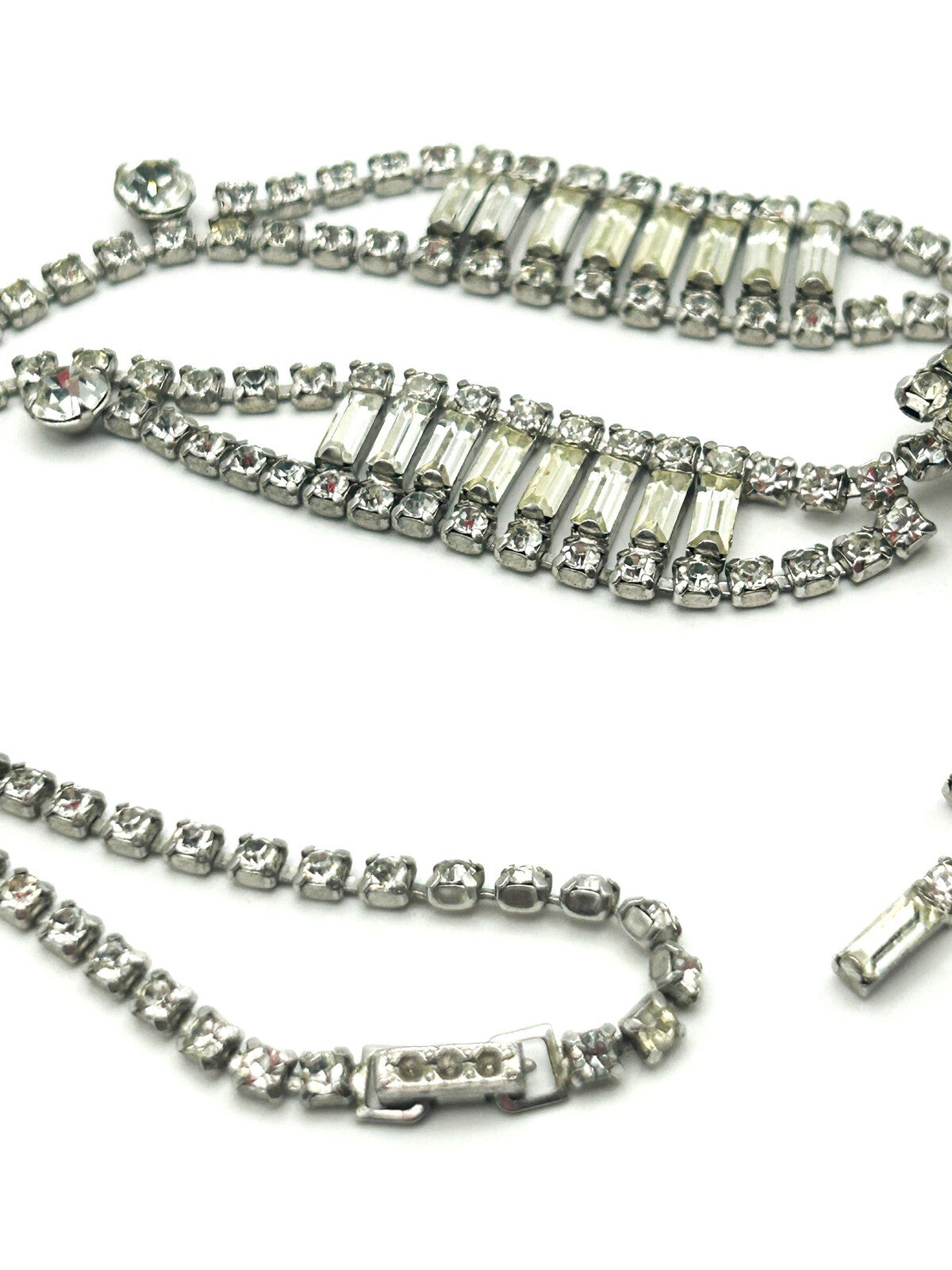 Vintage Rhinestone Waterfall Necklace Baguette Statement Tassel Drop 16”