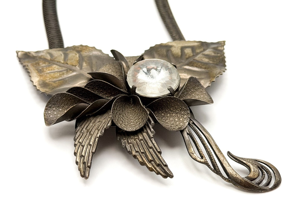 Art Nouveau Style Floral Leaf Statement Necklace with Swirl & Rhinestone Detail