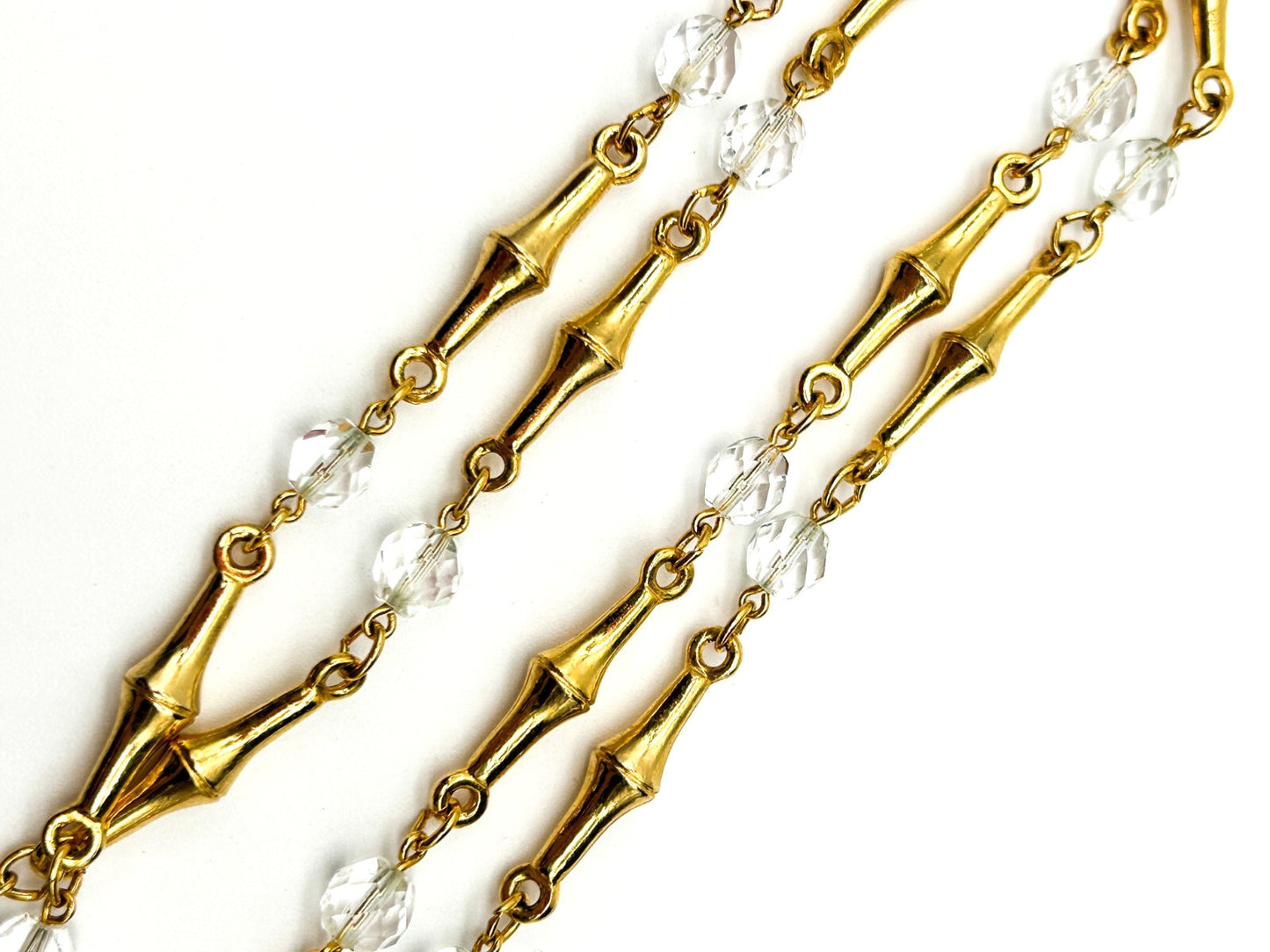 Vintage Gold Tone Bamboo Link Necklace Clear Faceted Glass Beads Retro