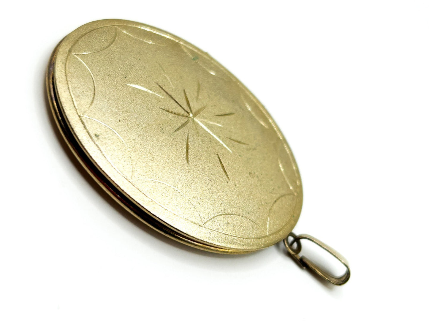 Vintage Gold Tone Oval Photo Locket Pendant Large Etched Starburst 6cm