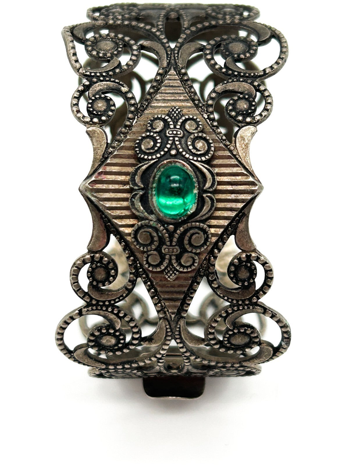 Vintage Art Deco Revival Ornate Silver Tone Hinged Bangle Green Cabochon Filigre