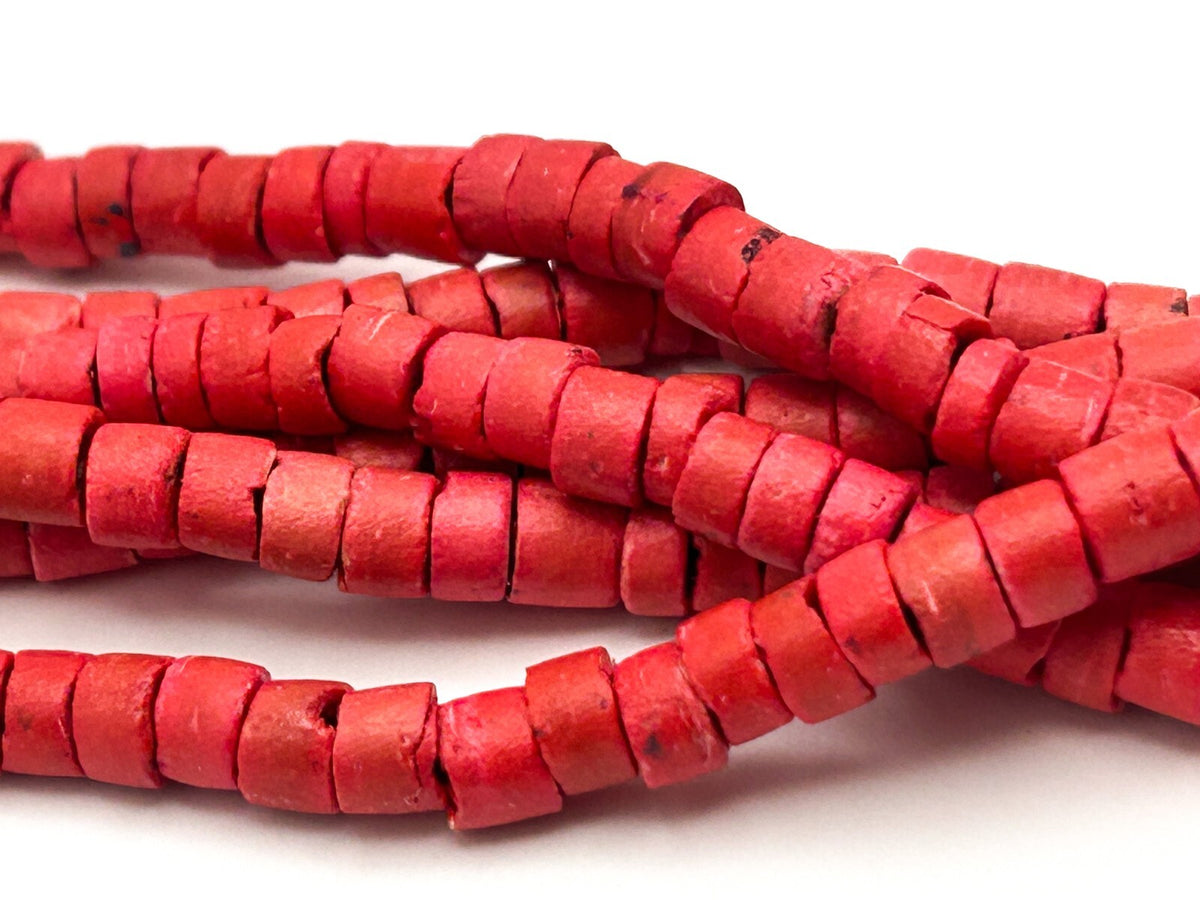 Red Dyed Organic Multi Strand Heishi Disc Beaded Necklace with Gold Tone Clasp