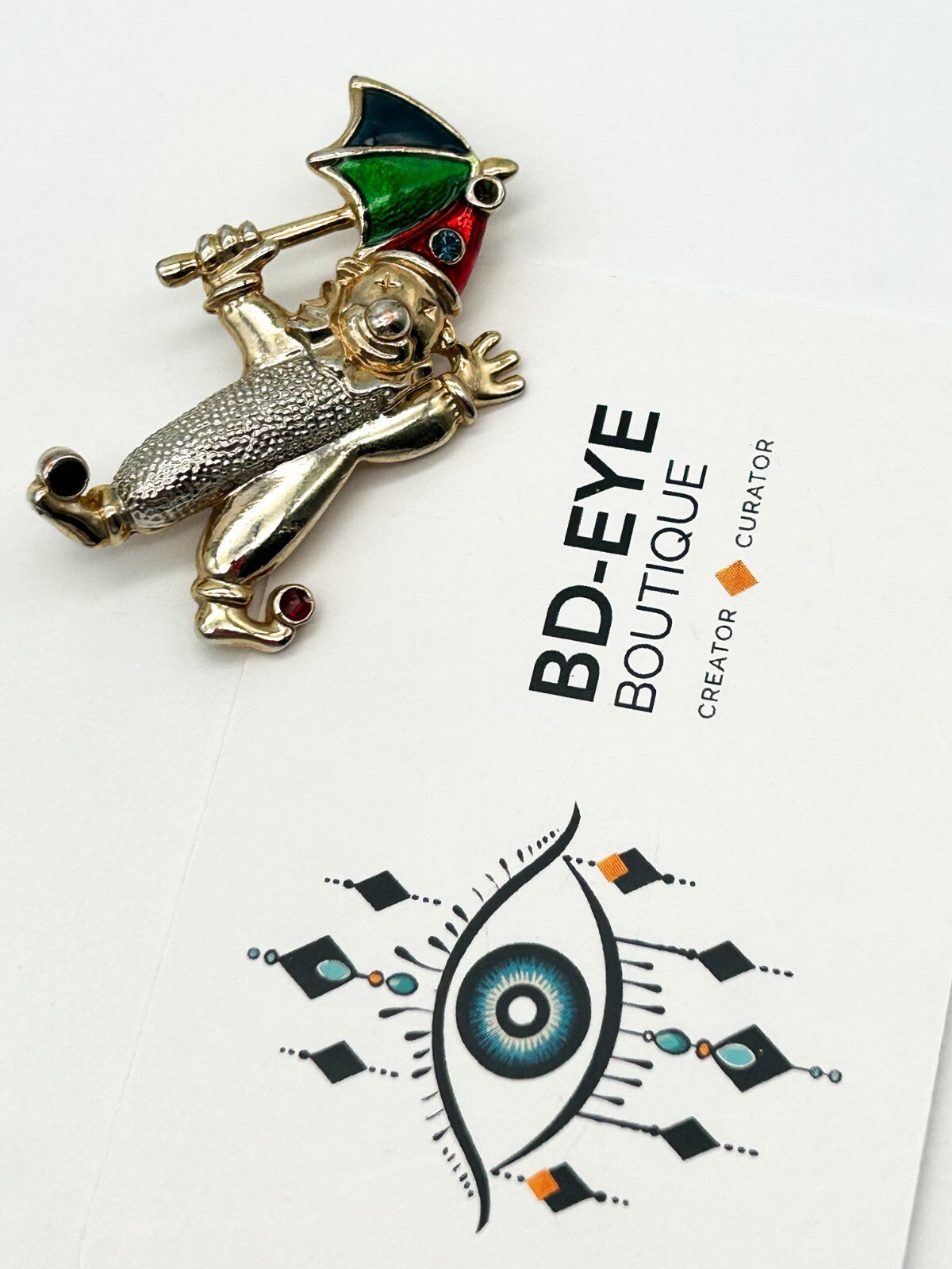 Vintage Enamel Clown Brooch with Umbrella