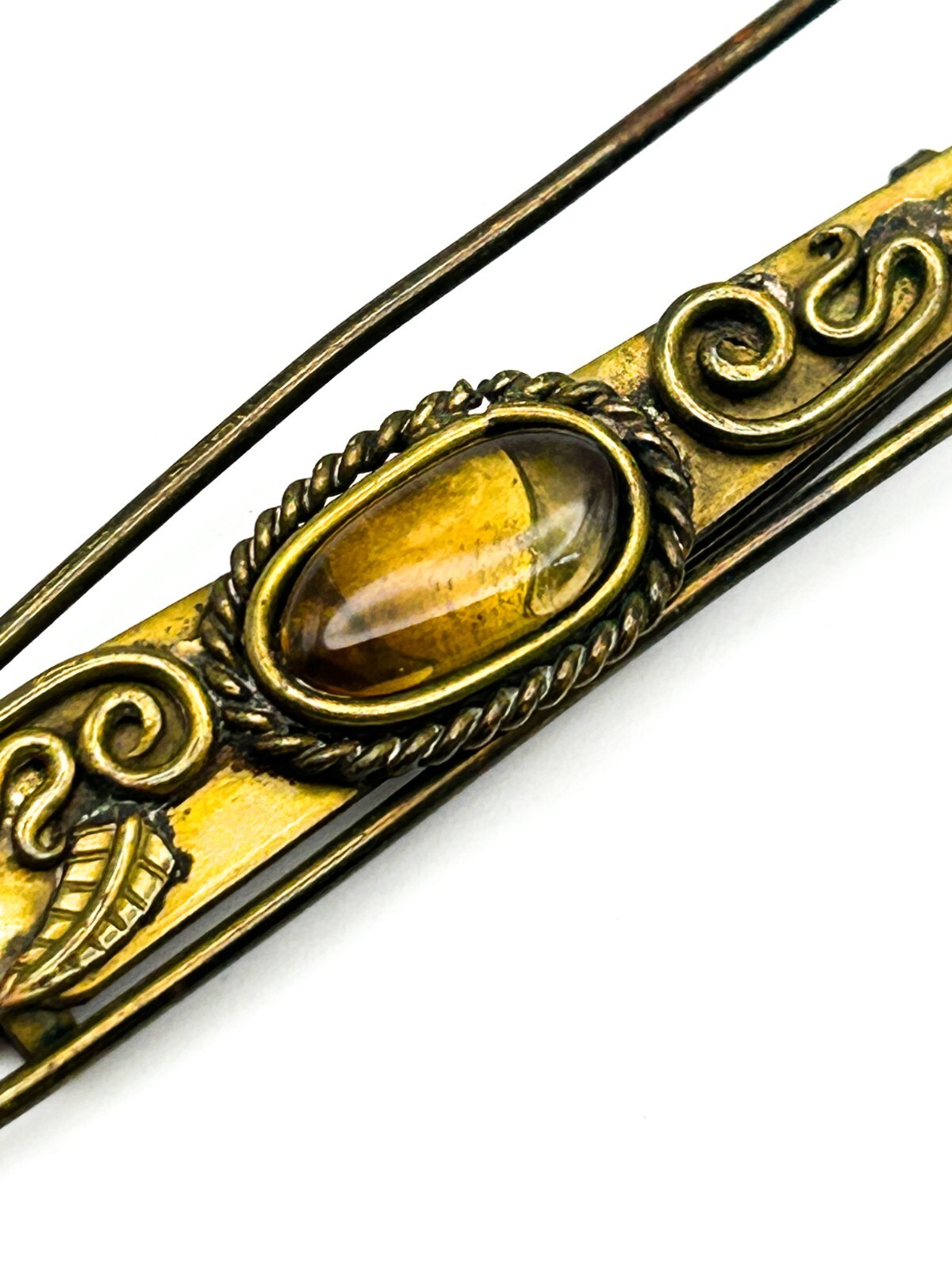 Antique Style Art Nouveau Brass Openwork Brooch Oval Glass Cabochon C Clasp
