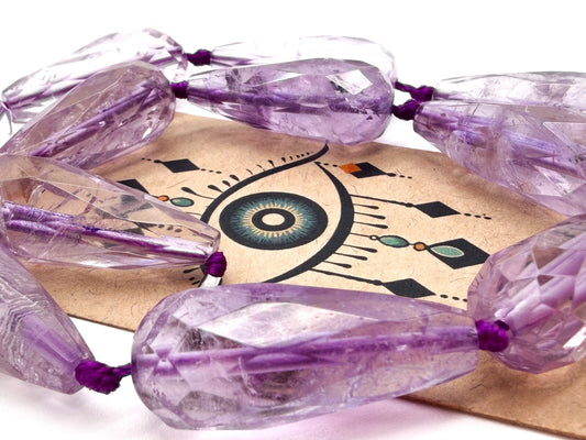 Amethyst Teardrop Necklace Faceted Beads Hand Knotted 18” Statement - Purple
