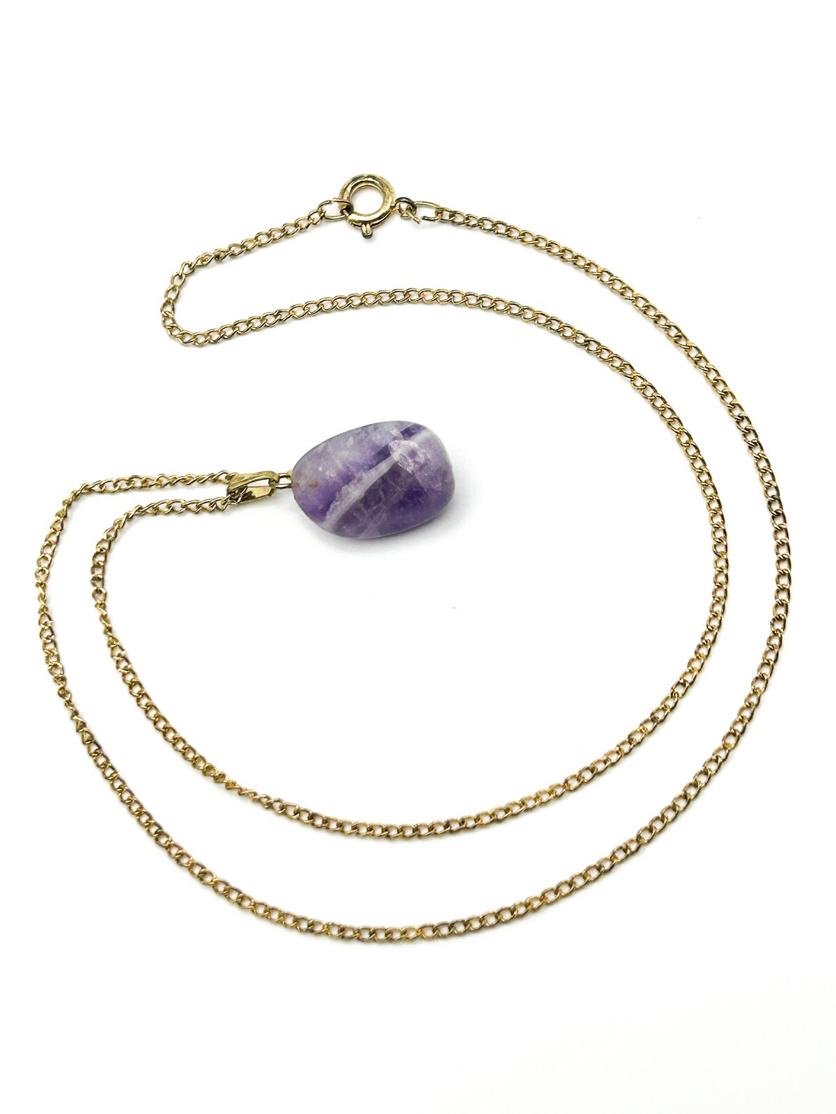 Vintage Gold Tone Chain Necklace with Tumbled Amethyst Pendant - VTG Purple Gem