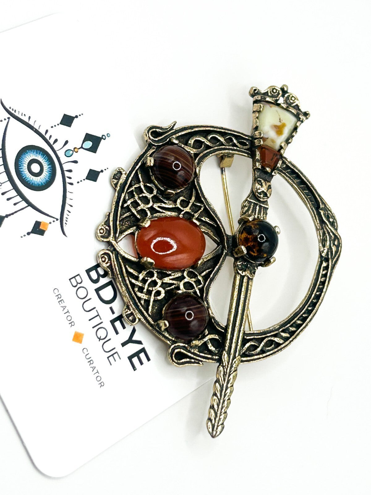 Miracle Celtic Brooch Vintage Faux Carnelian Agate Glass Penannular Cloak Pin