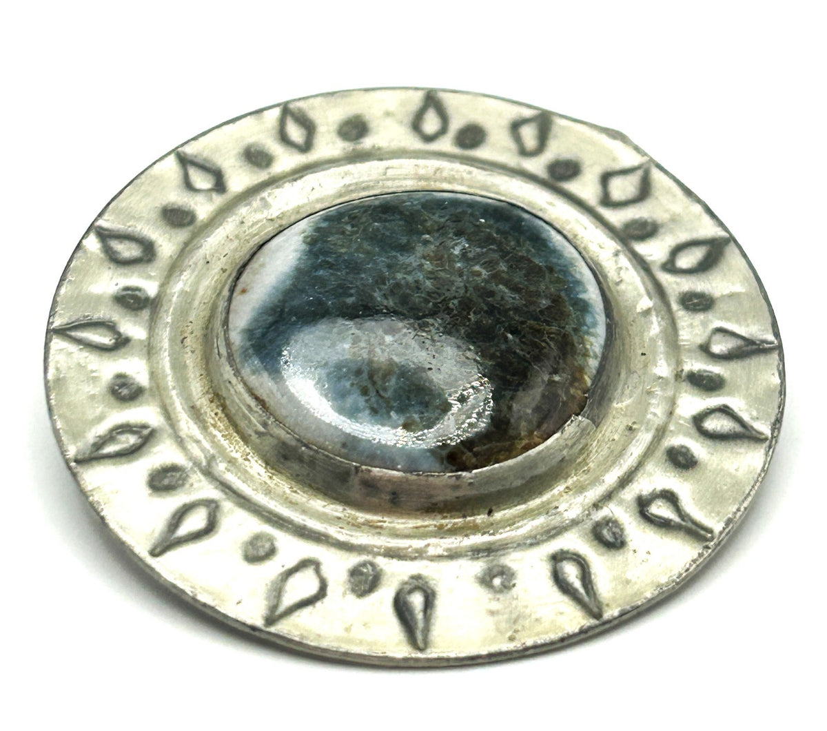Carol Black Brooch Ceramic Centre Silver Tone Round Artisan Pin