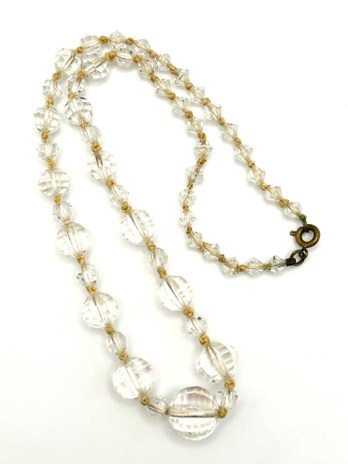 Graduated Clear Crystal Glass Bead Necklace with Faceted Round & Bicone Beads
