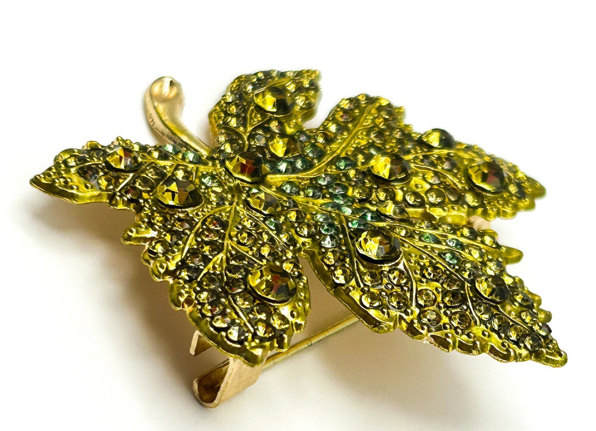 Vintage Maple Leaf Brooch Gold Tone Green Rhinestone Leaf Pin