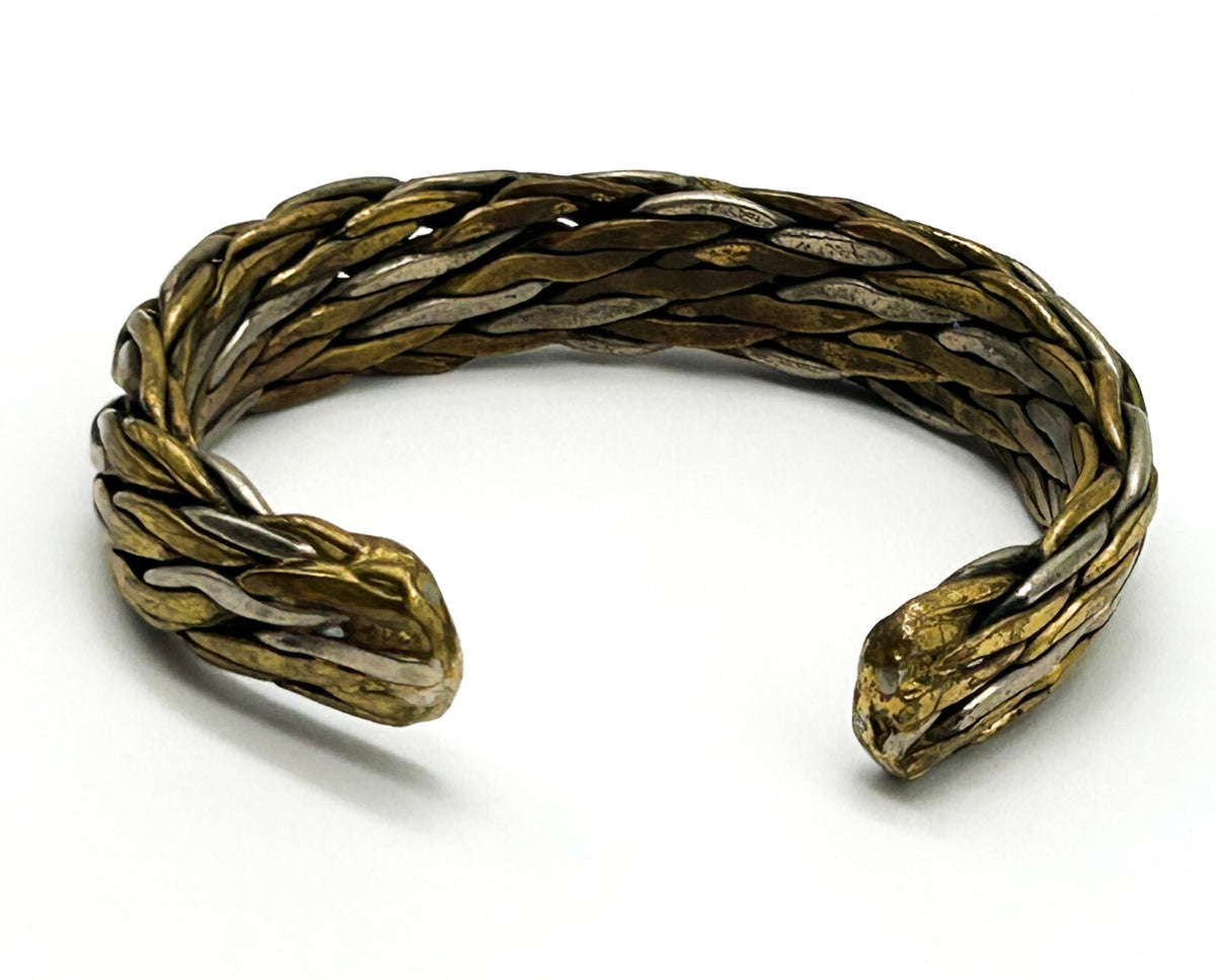 Vintage Braided Mixed Metal Chunky Cuff Bracelet Brass Silver Tone 60s-70s Retro