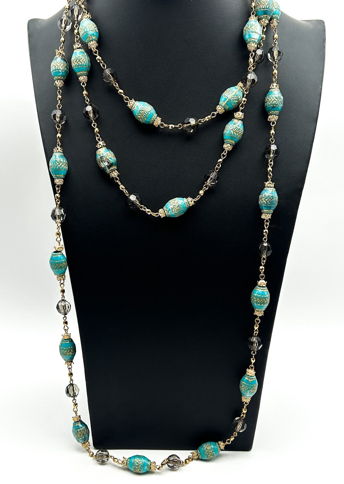 Vintage Style Turquoise & Smokey Acrylic Etched Barrel Bead Necklace Duo
