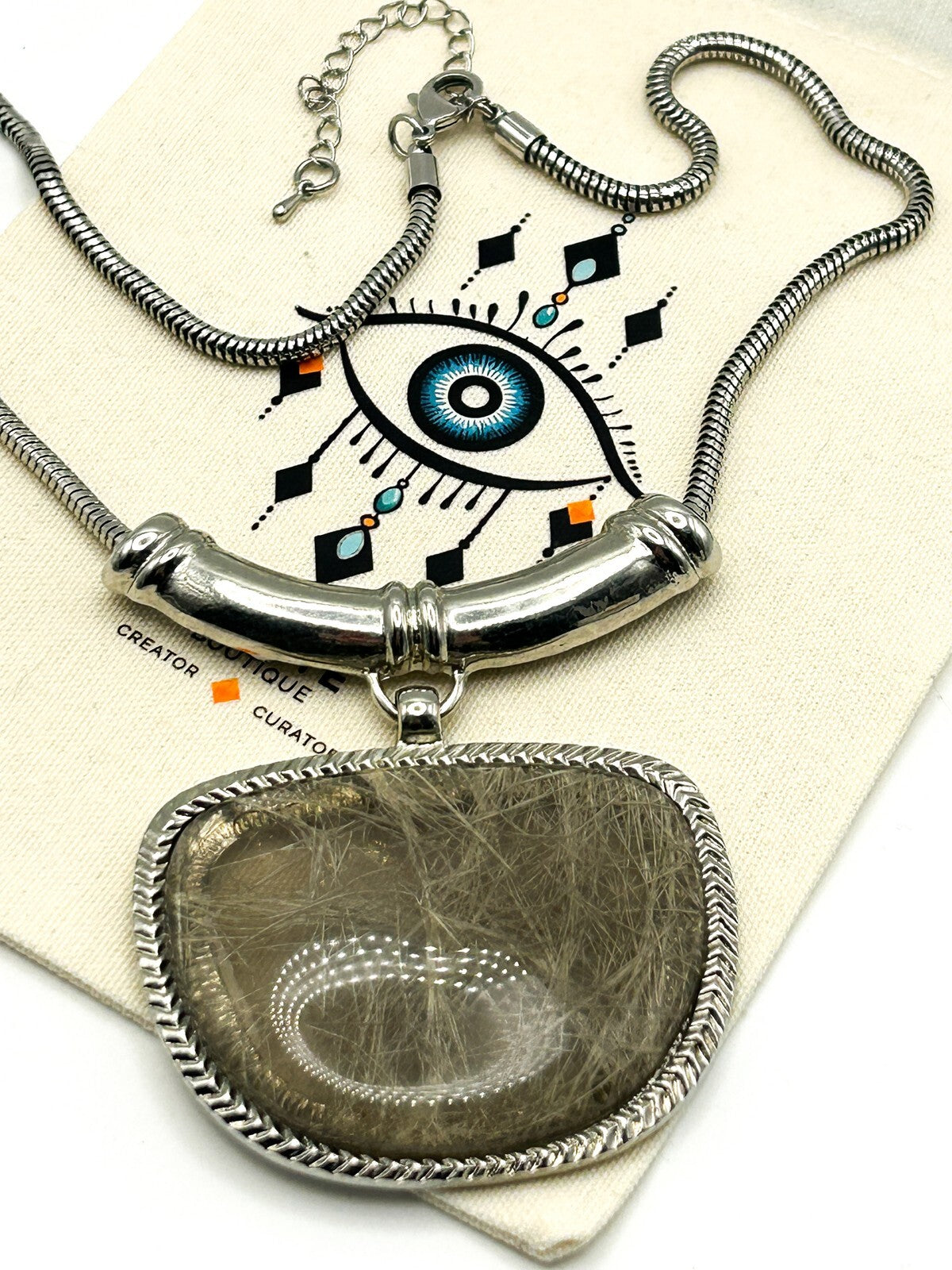 Silver Tone Statement Necklace with Faux Rutilated Quartz Pendant – 18.5”