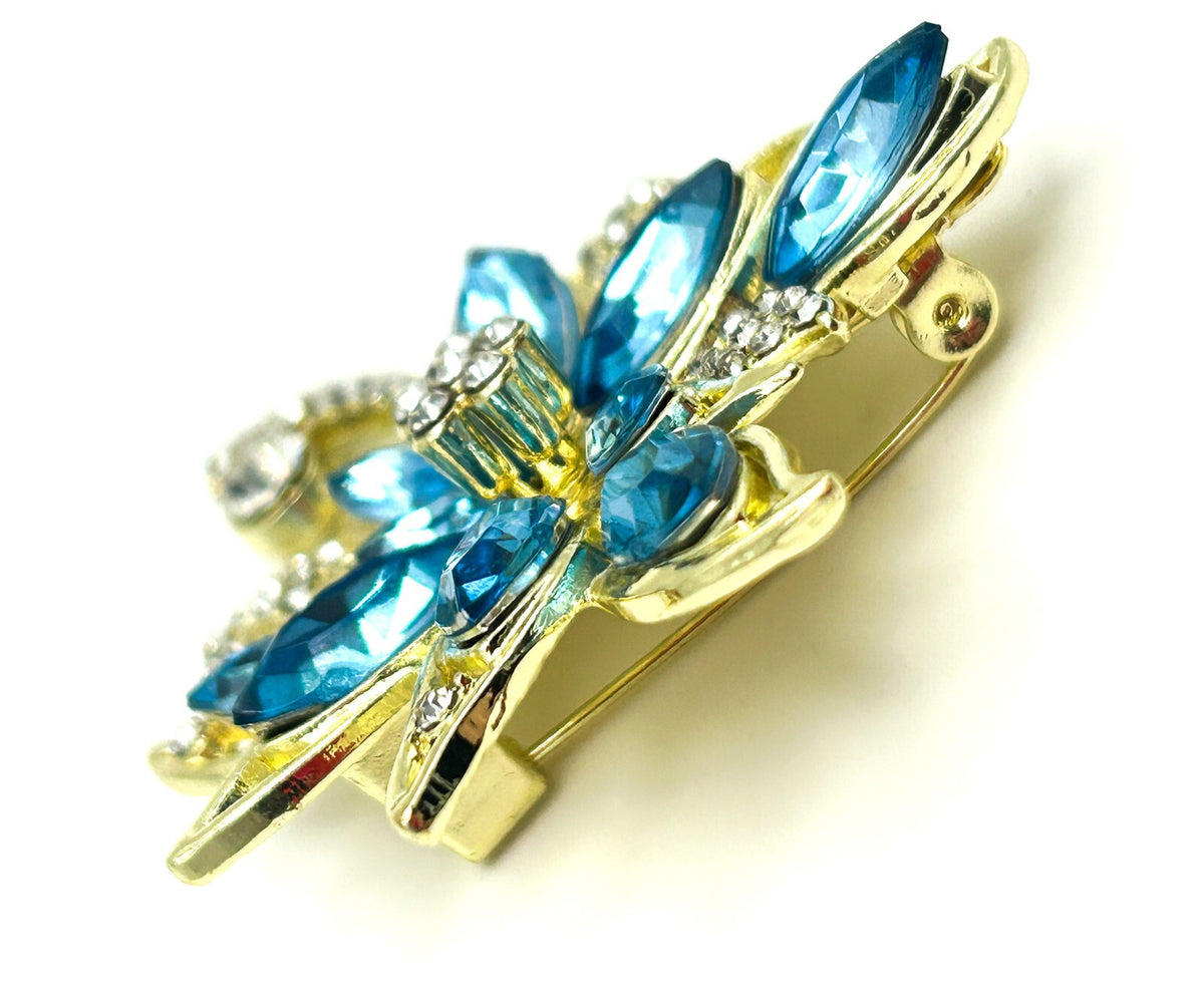 Blue Rhinestone Floral Brooch Bouquet Gold Tone Marquise Crystal Flower Pin