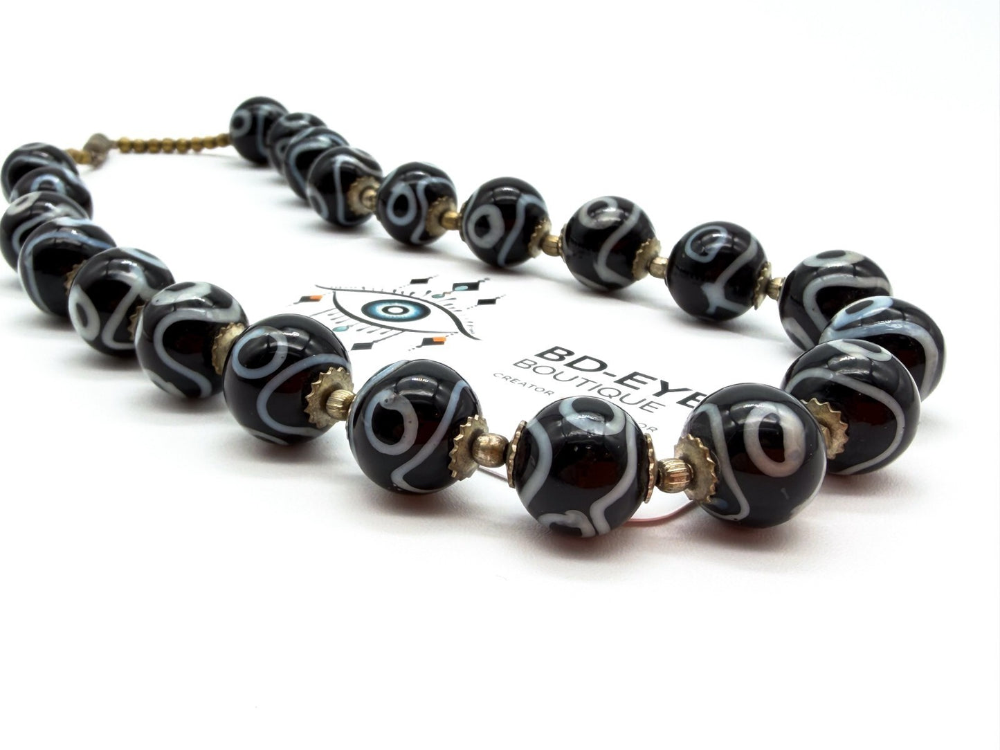 Vintage Black White Dzi Style Necklace Tibetan Bead Statement Glass 17”