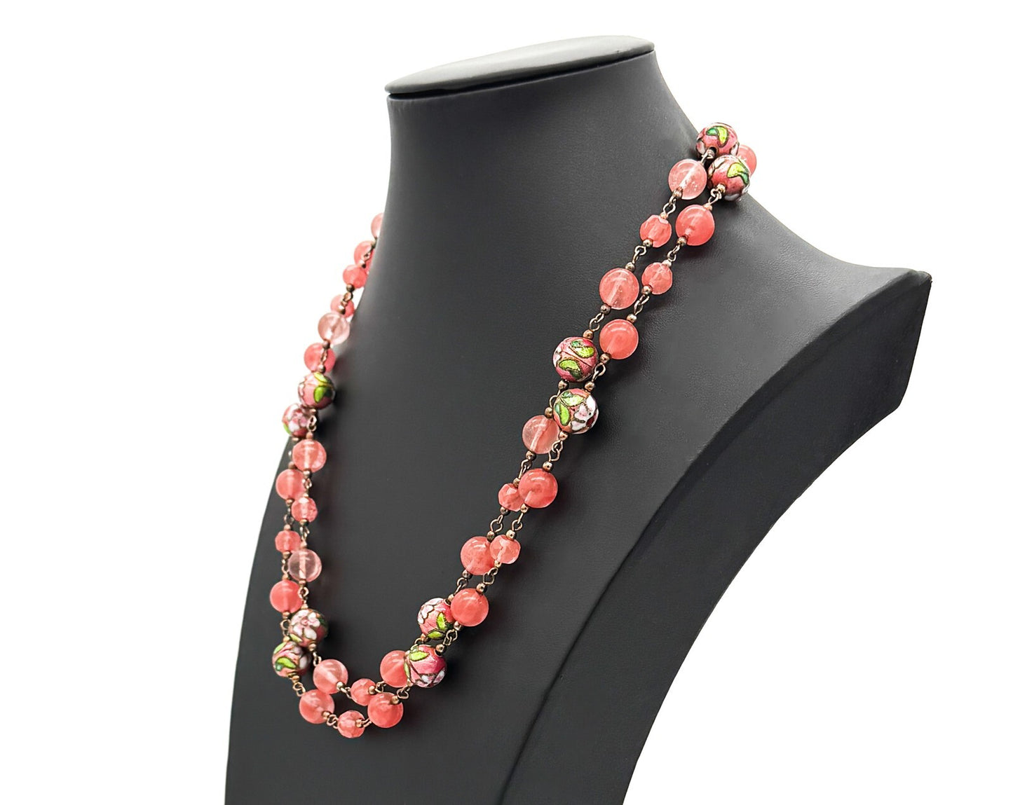 Vintage Pink Glass Bead Necklace Double Strand Cloisonné Accent Beads Summer