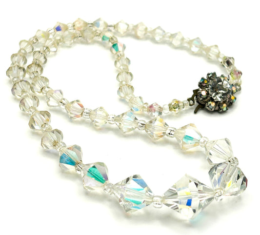 Aurora Borealis Crystal Bicone Necklace with Rhinestone Flower Clasp