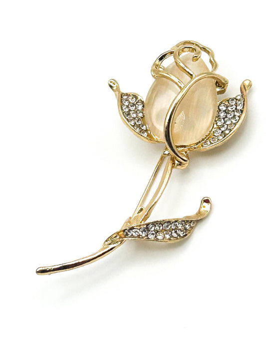 Vintage Gold, Lucite & Rhinestone  Sparkly Rose Brooch