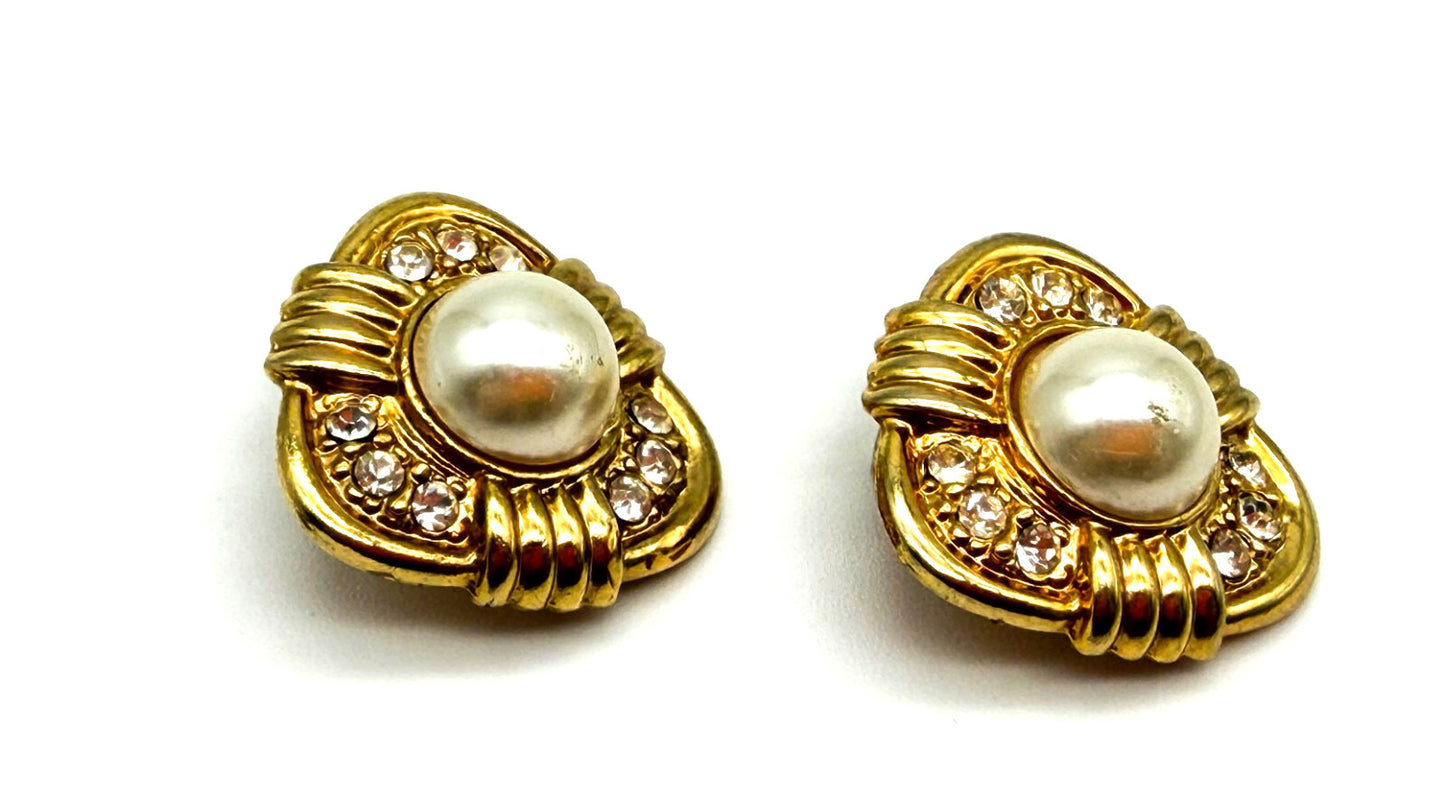 Vintage Gold Tone Faux Pearl Rhinestone Clip On Earrings Statement 1980s Retro