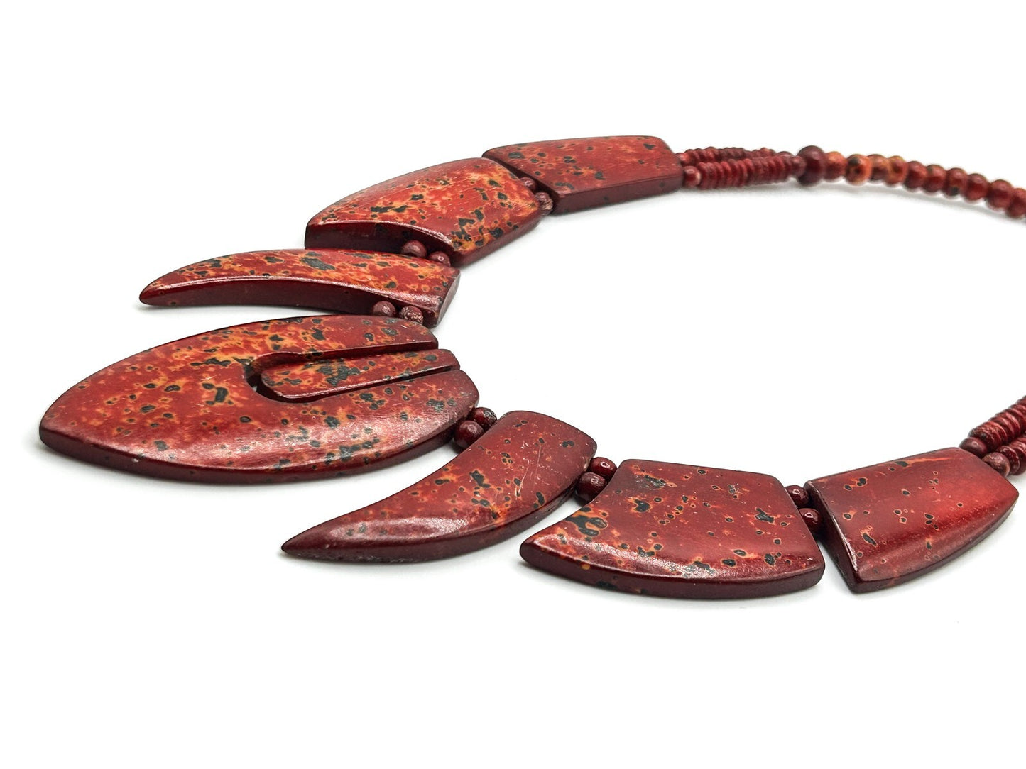 Chunky Deep Red Mottled Speckled Panel Tribal-inspired Statement Necklace - Boho