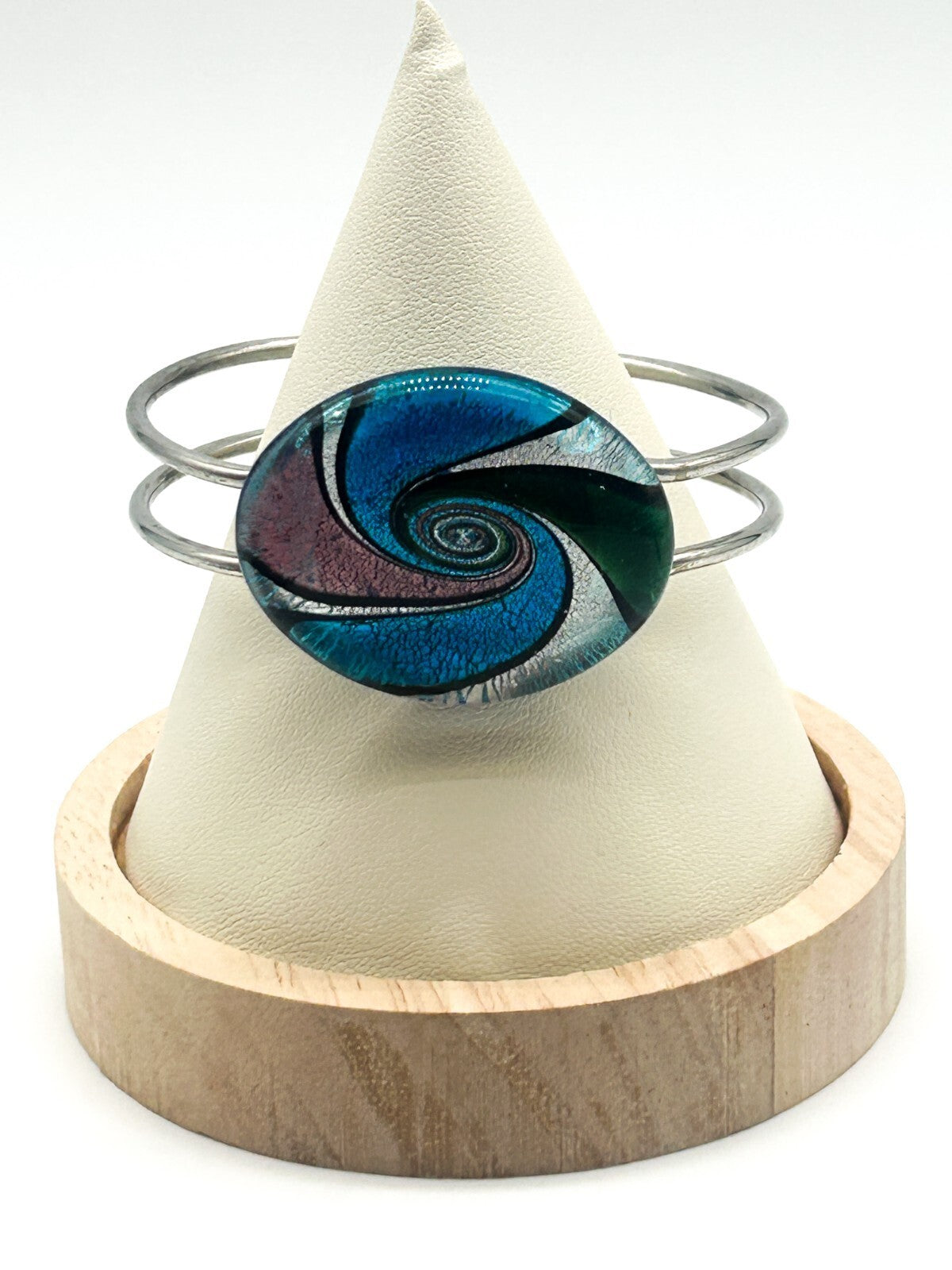 Art Glass Swirl Bangle Blue Pink Silver Hinged Statement Bracelet