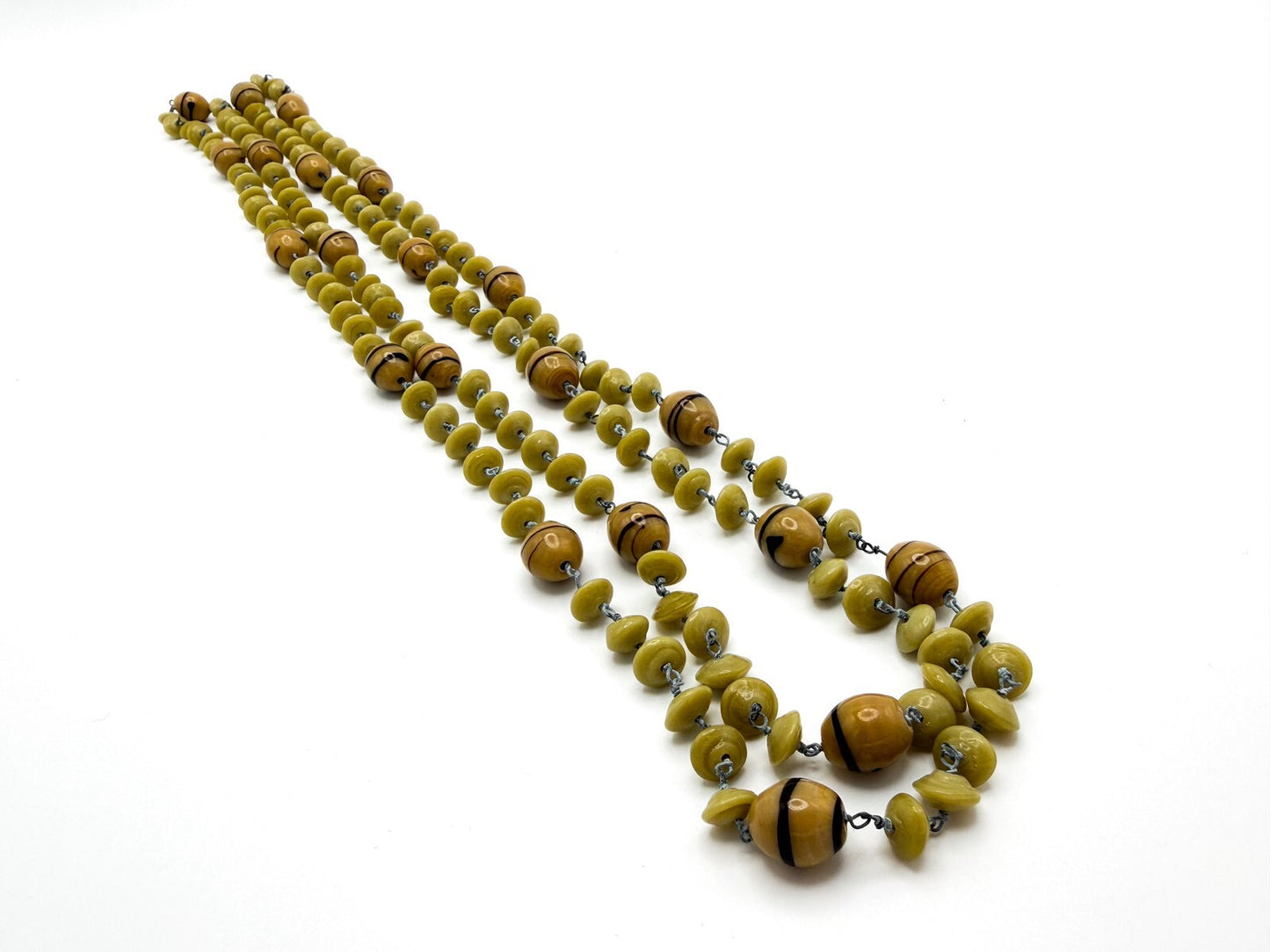 Vintage Venetian Style Glass Bead Necklace Mustard & Olive Disc  Barrel Detail