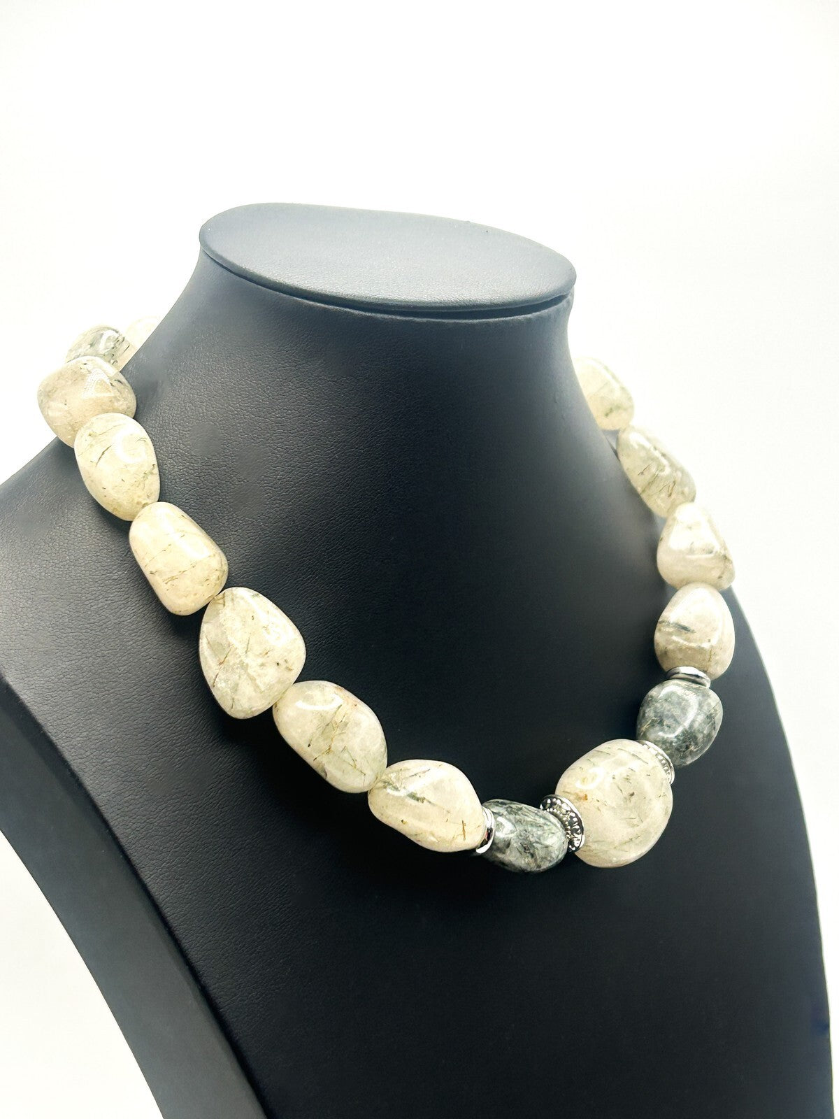 Chunky Rutilated Quartz Statement Necklace with Silver Tone Spacers - Gemstone