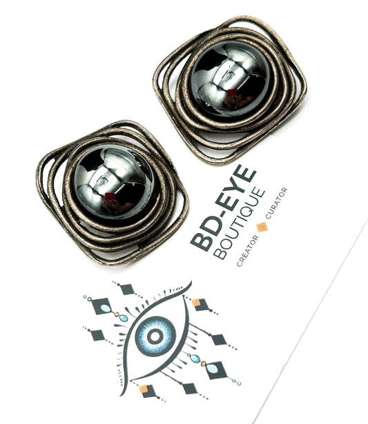 Vintage Statement Earrings Hematite Effect Domed Clip Ons 80s 90s Retro