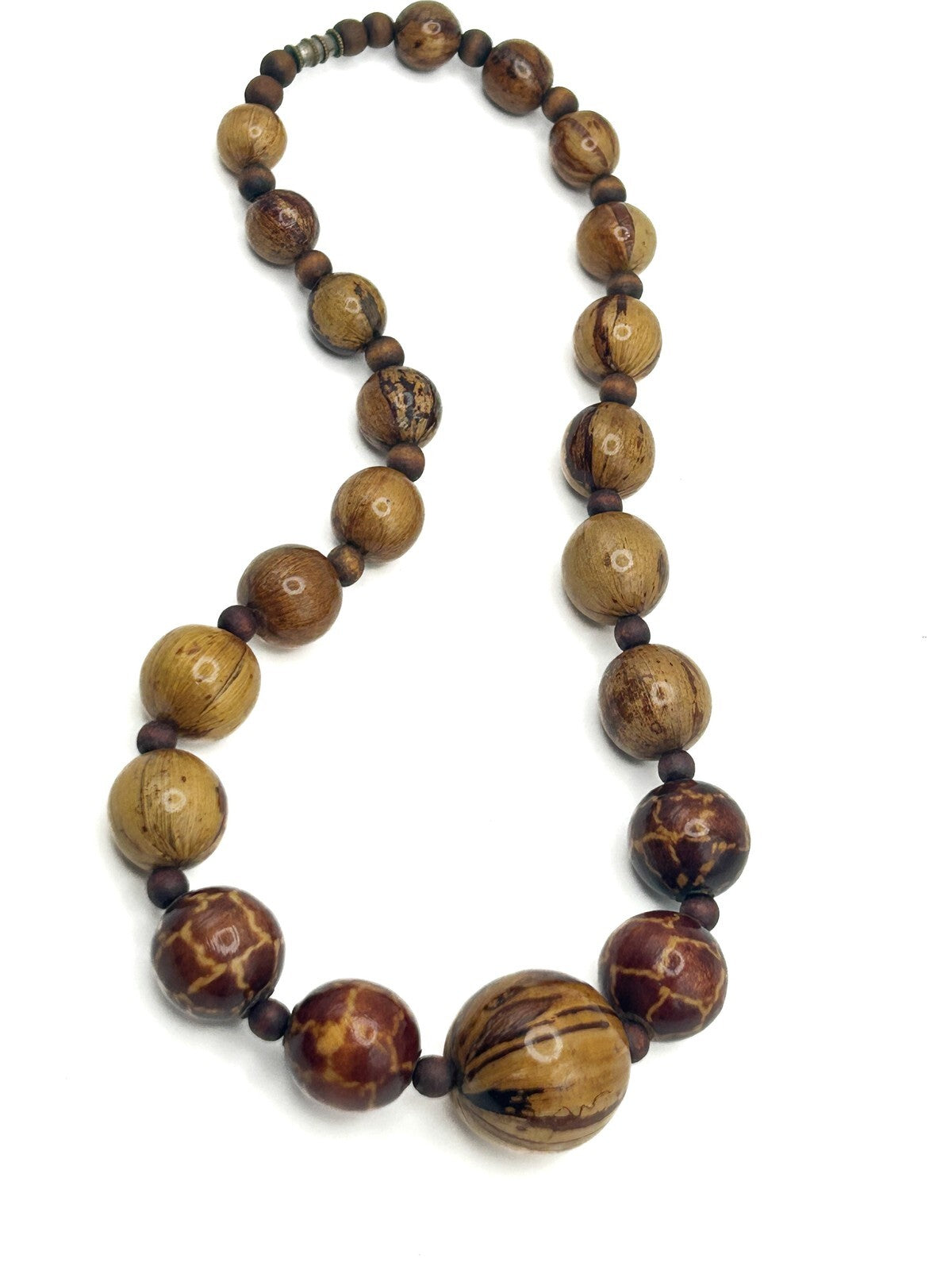 Graduated Wood Beaded Necklace - Wood Grain Detail - Warm Natural Tones