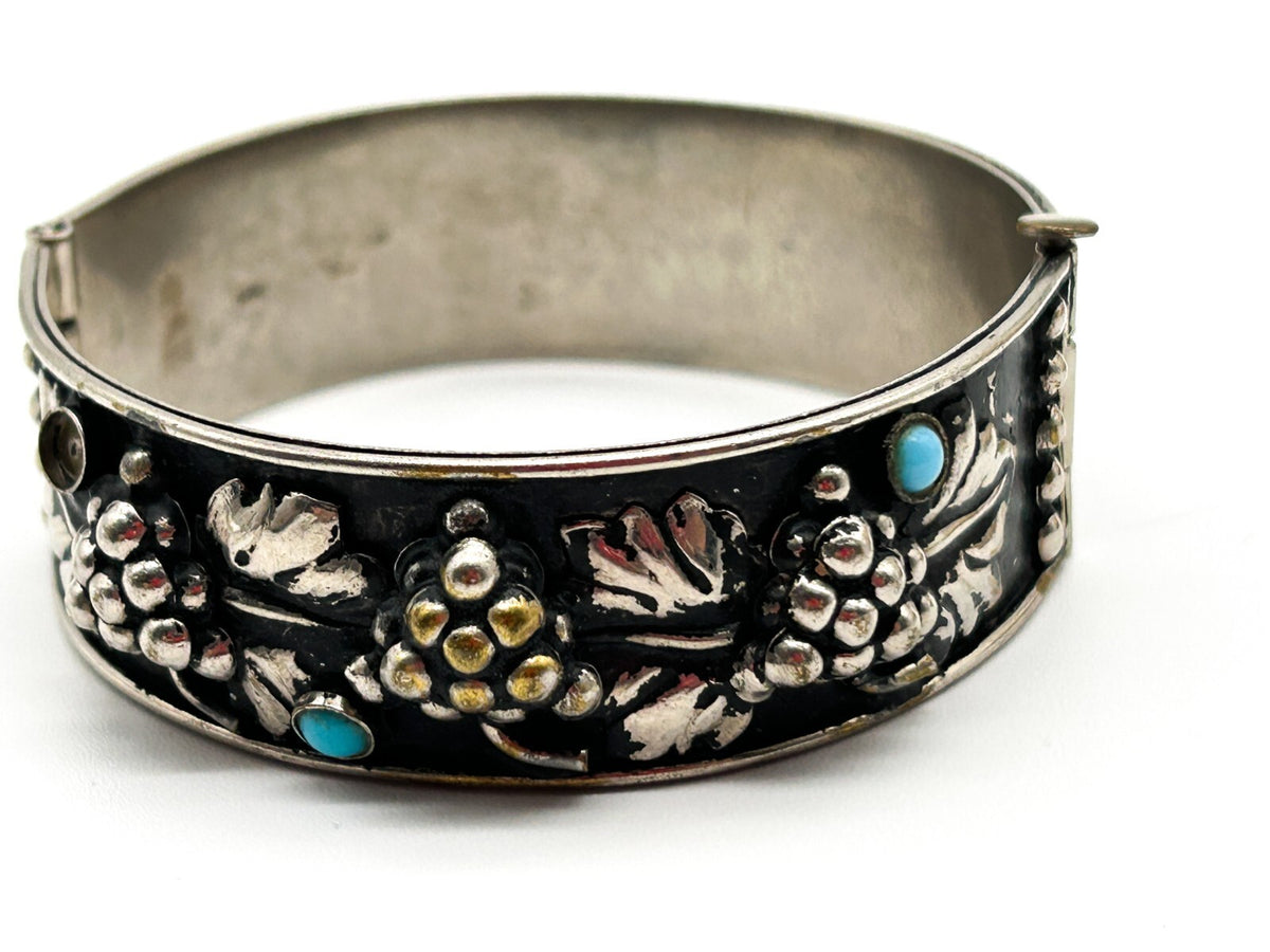 Vintage Silver Plated Grapevine Cuff Bracelet Black Japanned Bacchus Bangle
