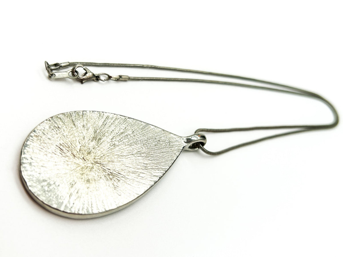 Large Abalone Shell Teardrop Pendant Necklace Snake Chain Silver Tone 17in