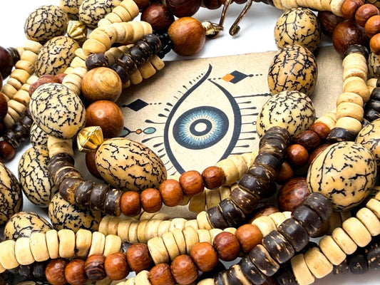 Four Strand Twisted Wood & Coconut Shell Disc Necklace with Gold Tone Boho